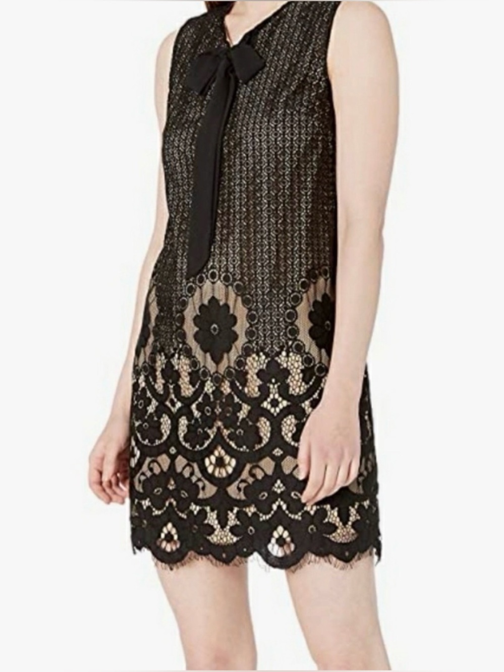 CeCe Black Lace Overlay Tie-Neck Mini Dress